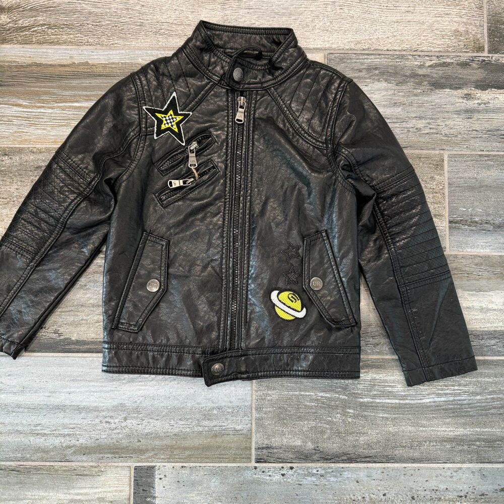 Black Faux Leather Jacket Urban Republic T4 Biker Cute Space Invader Patches